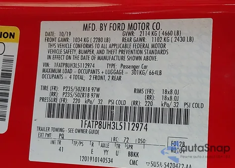 2020 Ford Mustang Ecoboost Premium z USA, uszkodzony, nr VIN 1FATP8UH3L5112974